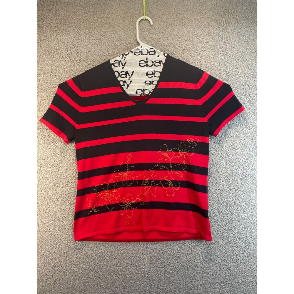 Evan Picone Short Sleeve Knit‎ Sweater Navy w/ Red Stripe Womens SIZE M
